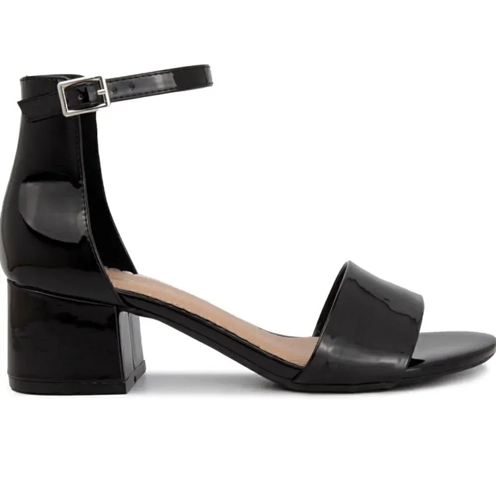 LONDON FOG Nikki Low Block Heel Shoe Ankle Strap Open Toe Shiny Pump Sandal